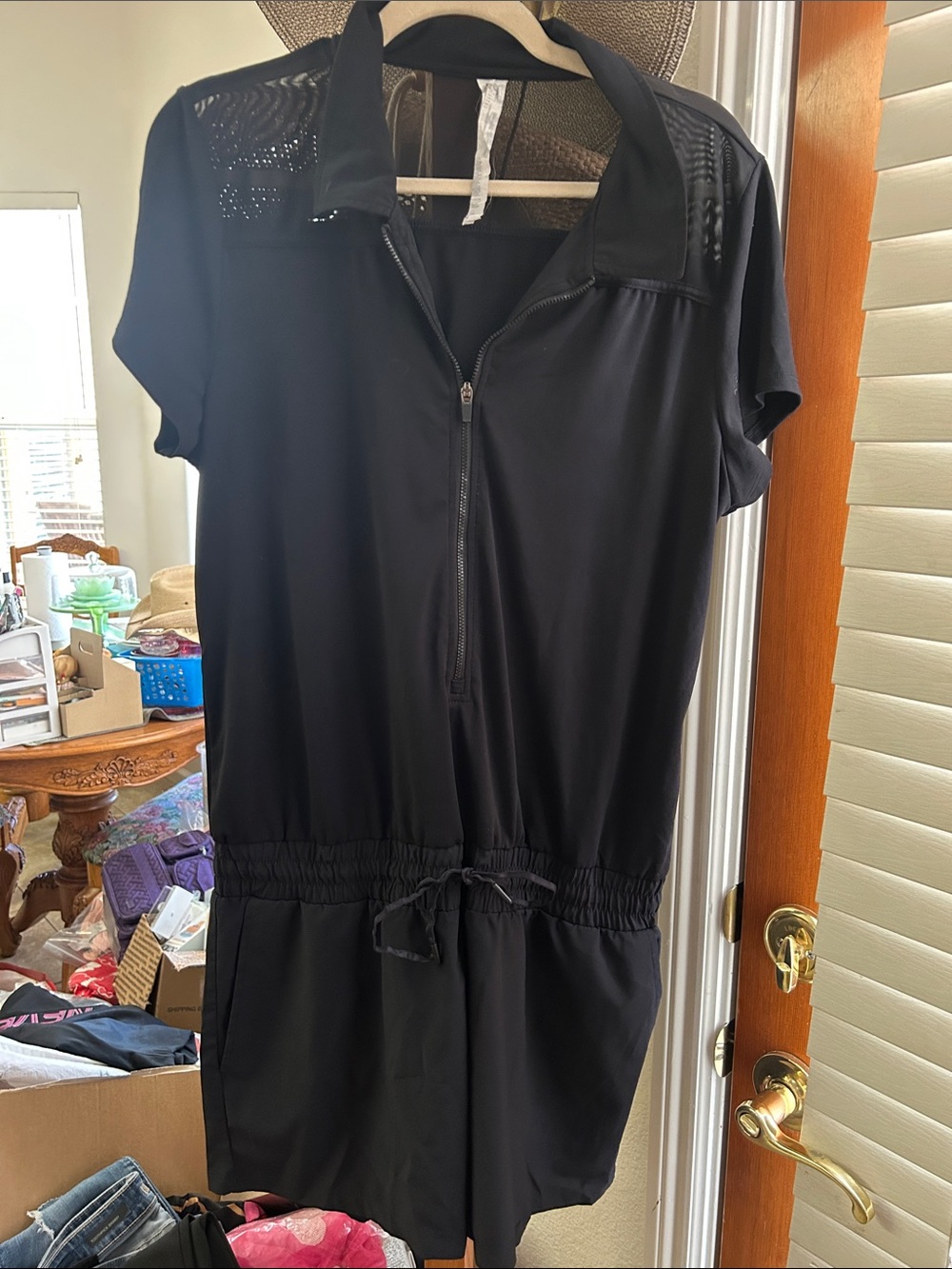 Fabletics Black Short-Sleeve Zip-Front Romper VGUC